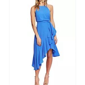 CeCe Blue Sleeveless Cascasding Ruffle Halter Asymmetrical Dress Size 8
